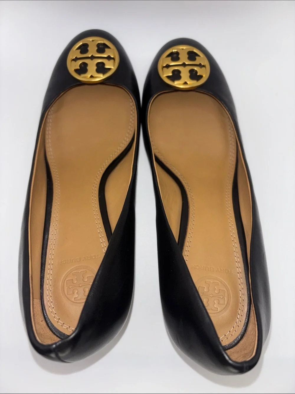 Tory Burch Black Leather Wedges with Gold Logo Medallion